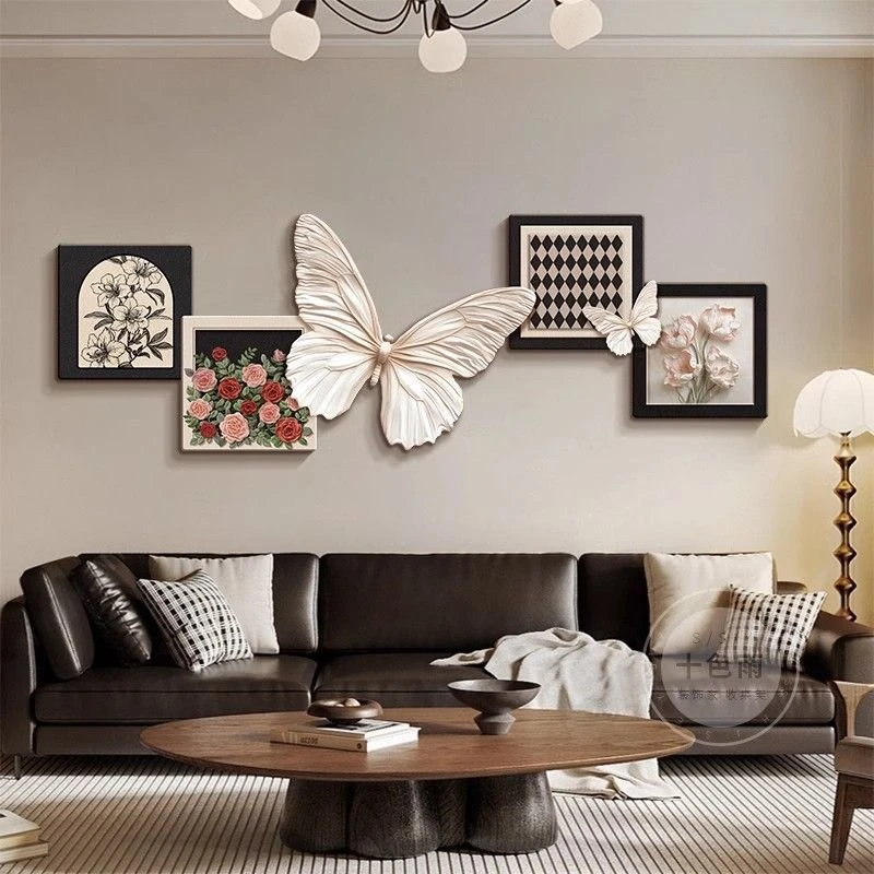 法式古风客厅装饰画蝴蝶复古沙发玫瑰背景墙挂画高级卧室壁画274