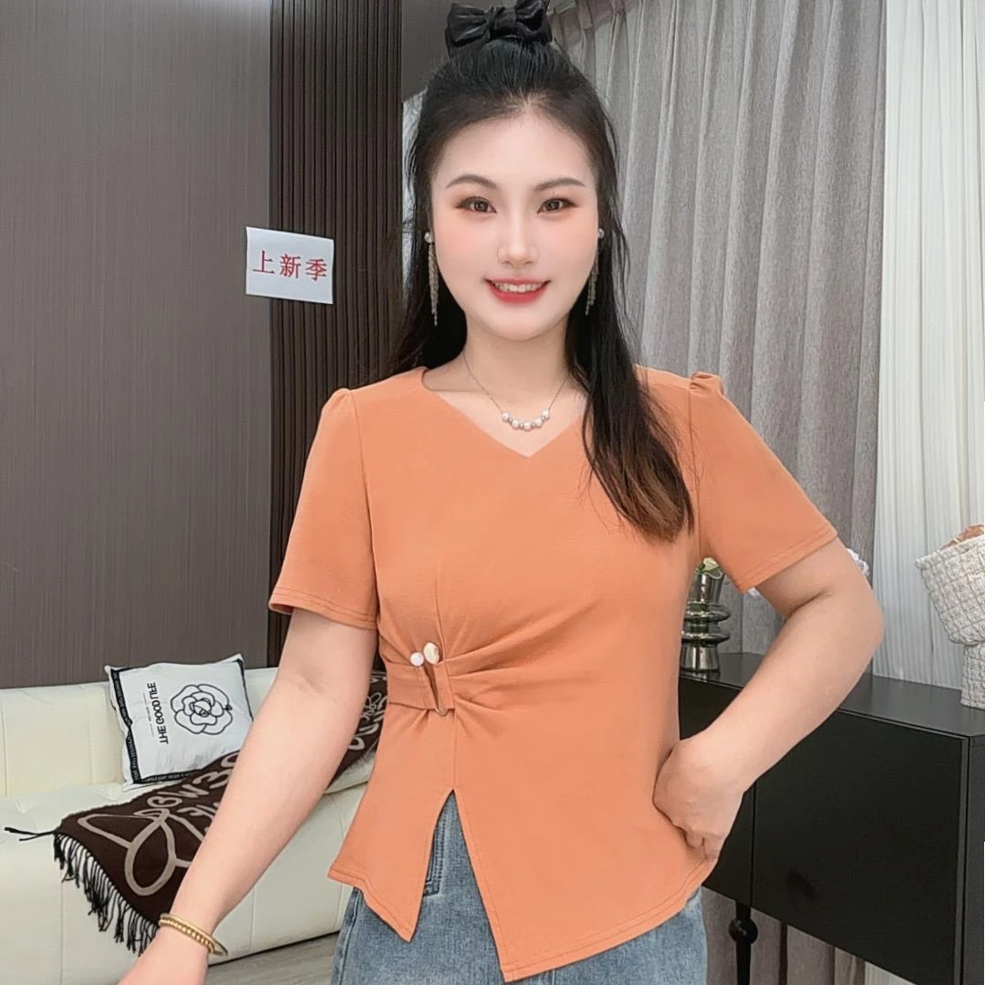 大码女装新款法式夏季2025显瘦不规则正肩短袖时尚百搭设计感上衣