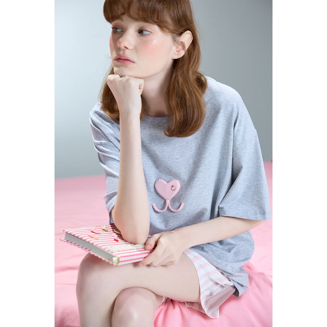 yso【礼物系列】睡衣女夏棉套装可爱甜美心型短袖休闲家居服可外穿
