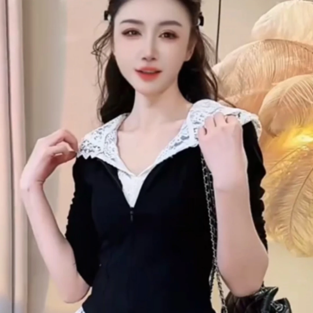 新款拼接蕾丝帽衫样衣百搭显瘦遮肉显瘦