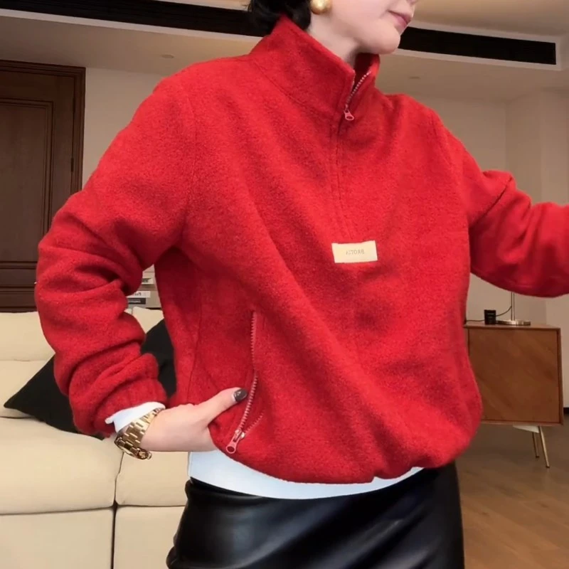 休闲时尚立领半拉链红色卫衣女2025秋冬新款百搭气质加厚短款上衣