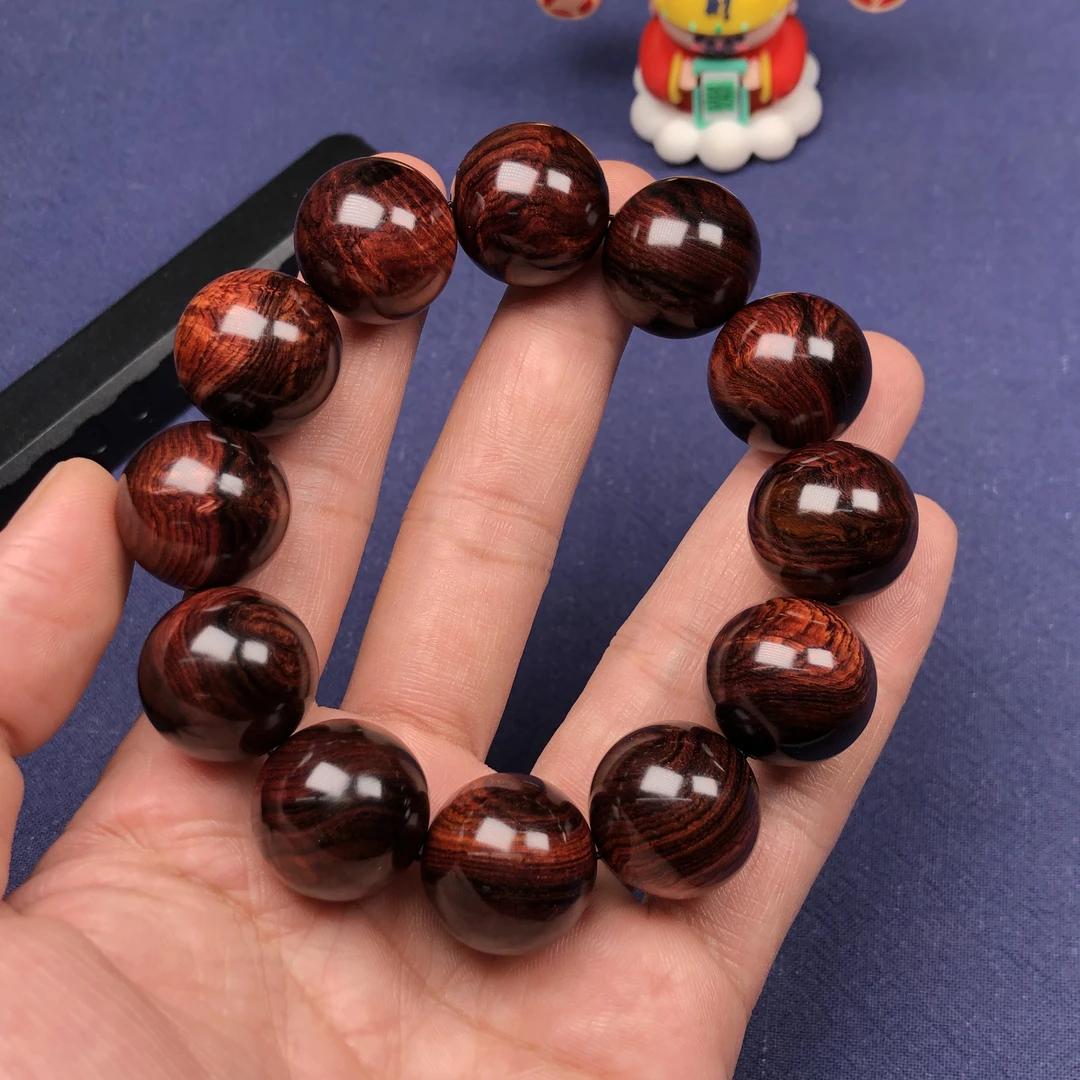 海南黄花梨紫油梨老料，紫红底大黑线水波乱纹2.0cm佛珠手串