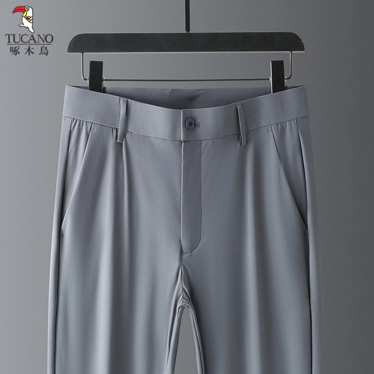 1啄木鸟薄款夏季冰丝西裤夏季长裤高腰休闲裤商务修身男士透气