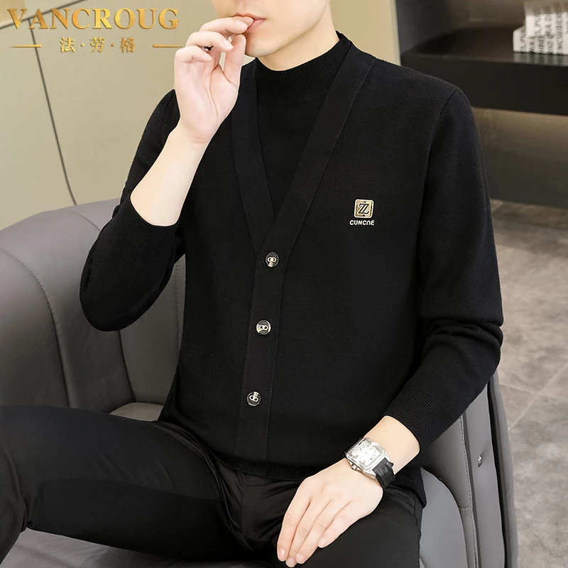 VANCROUG/法劳格针织衫男士秋冬季假两件韩版修身休闲保暖打底衫