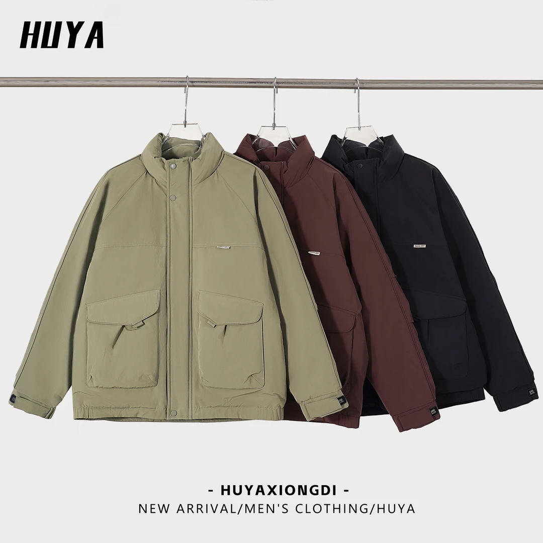 虎牙兄弟冬季街头时尚舒适保暖立领纯色拼接加厚棉服男5512