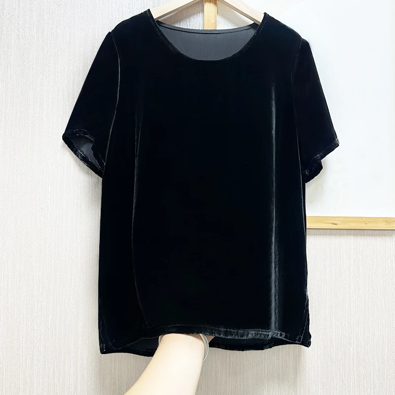 圆领~100桑蚕丝丝绒短袖女宽松时尚百搭显瘦休闲真丝T恤上衣