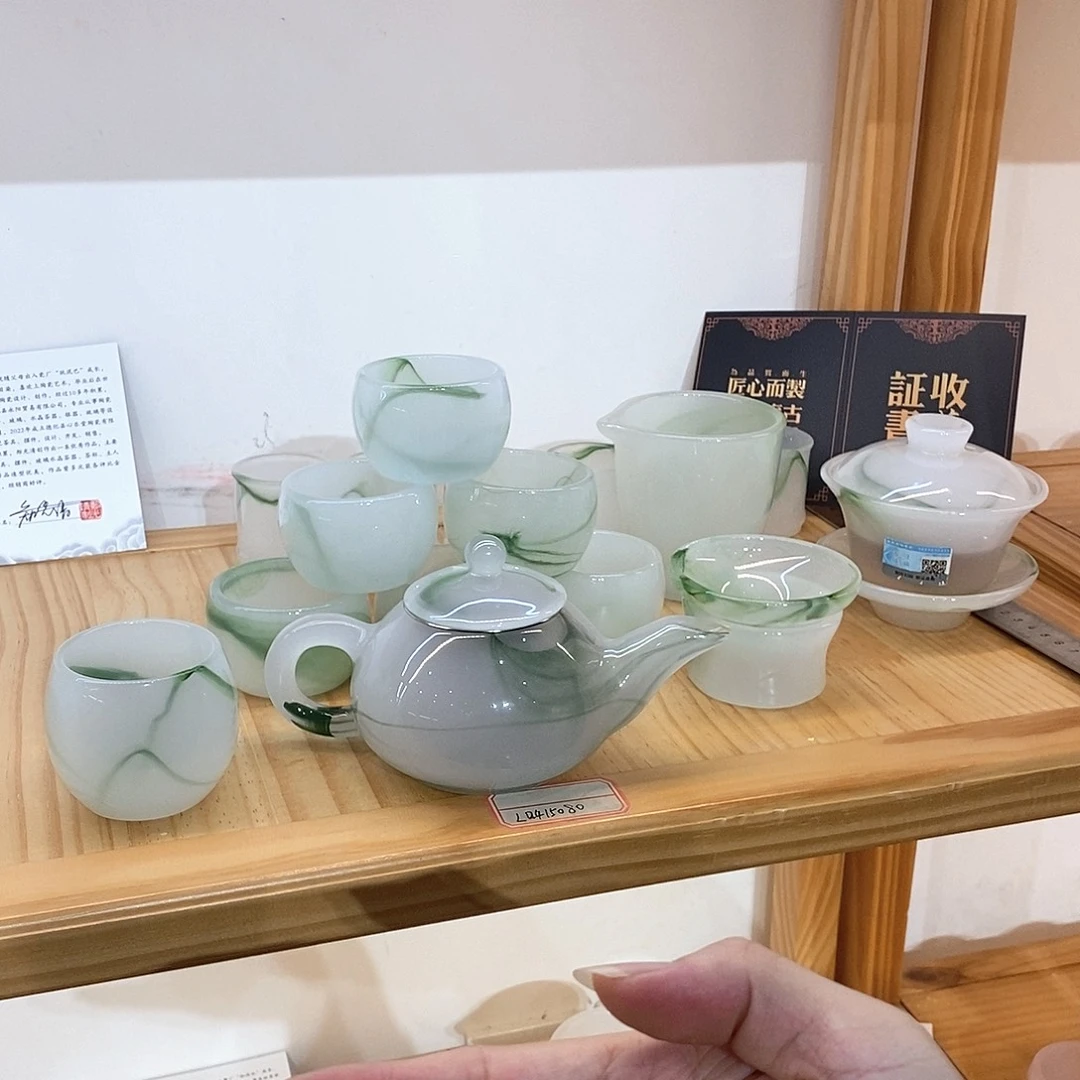 琉璃手工艺品漂绿套装 茶壶 不带礼盒 主人杯2