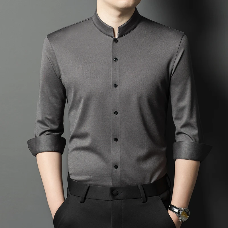 2025年新款男士商务休闲立领长袖衬衫 中年纯色修身百搭高档衬衣