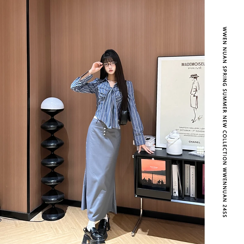 【三三】美式复古衬衫套装裙女秋季设计感长袖辣妹上衣修身包臀长裙