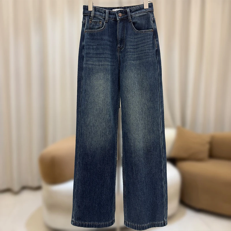 zaw大码加厚加绒直筒阔腿牛仔裤女秋冬显瘦胖mm腿粗胯宽裤子25480