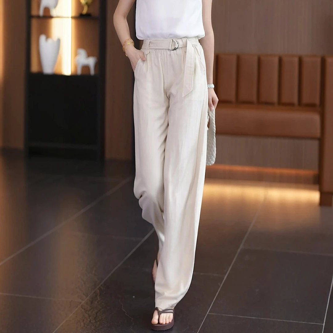 棉麻西装裤高级感垂感女夏薄款2025新款冰丝裤高腰大码胖mm阔腿裤