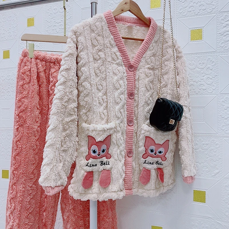 郑小姐~撞色粉色卡通保暖家居服睡衣套装珊瑚绒81197