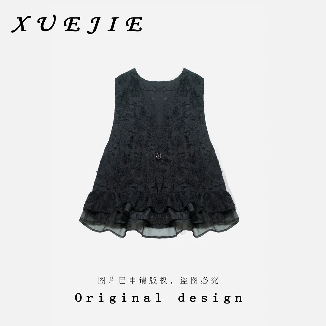 逸焰【雪姐昼夏清和】90709-复古风V领四季通用薄款提花马夹