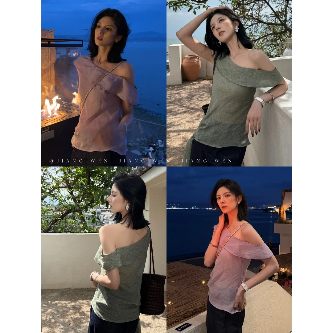 【半纸】“天丝+麻”设计感绑带斜肩浪漫上衣