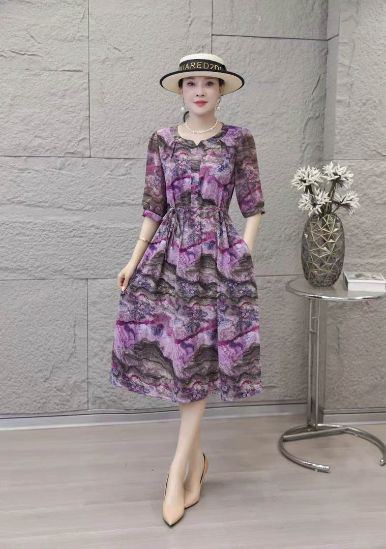 夏季妈妈装连衣裙中长款裙子腰带有口袋  V领  032