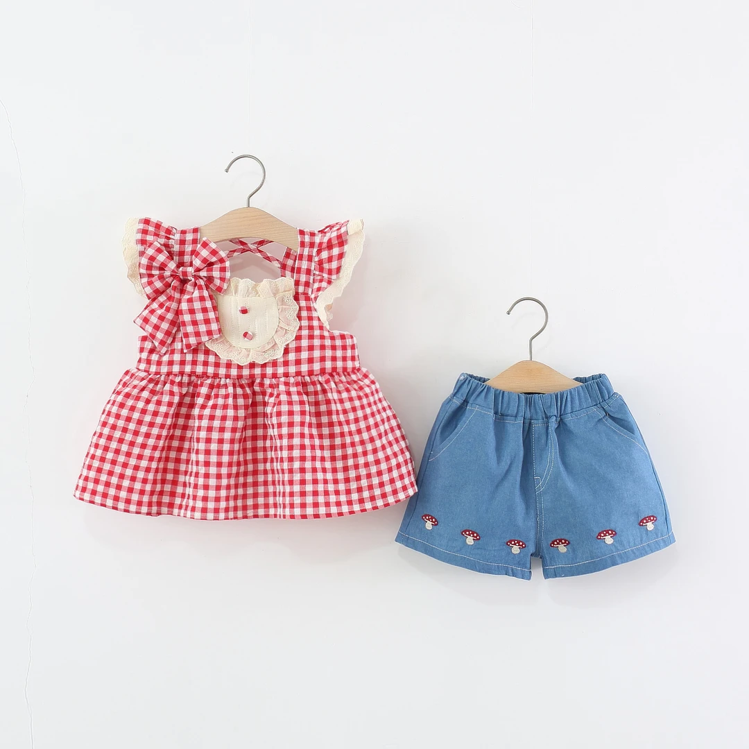 女童套装夏季2025新款儿童女宝宝格子飞袖衬衫牛仔短裤两件套洋气