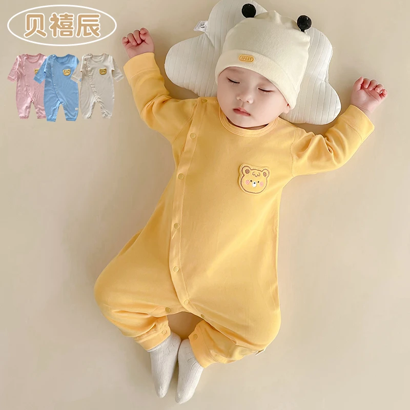 纯棉婴儿连体衣春秋冬斜襟打底衫新生儿衣服男女宝宝长袖哈衣爬服