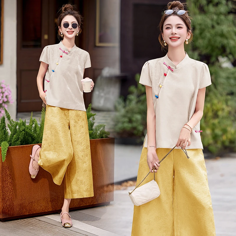 新中式国风提花盘扣套装女2025夏季新款复古改良旗袍阔腿裤两件套