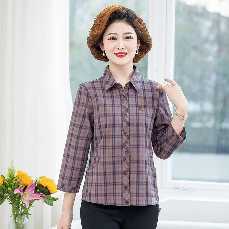 妈妈100%全棉衬衣夏季七分袖中老年女装中袖纯棉奶奶上衣宽松大码