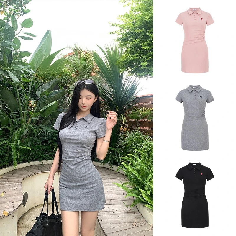 Moses Queen/魔西女王Polo领正肩连衣裙夏季褶皱收腰显瘦短袖裙子