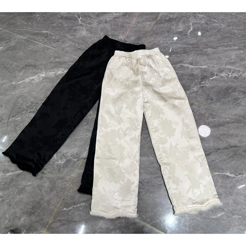 冬季新款新中式休闲百搭人丝水貂毛加棉直筒裤