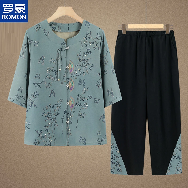 Romon/罗蒙妈妈夏装套装中老年人夏季两件套奶奶装衣服老太太上衣