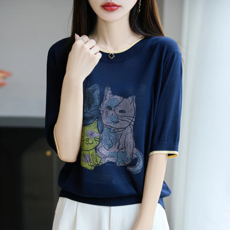 【莱赛尔】印花短袖女宽松百搭显瘦时尚猫咪上衣-287