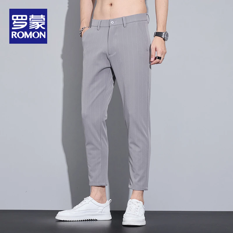 罗蒙九分休闲裤男春季新款时尚百搭商务男裤直筒修身条纹西装裤子
