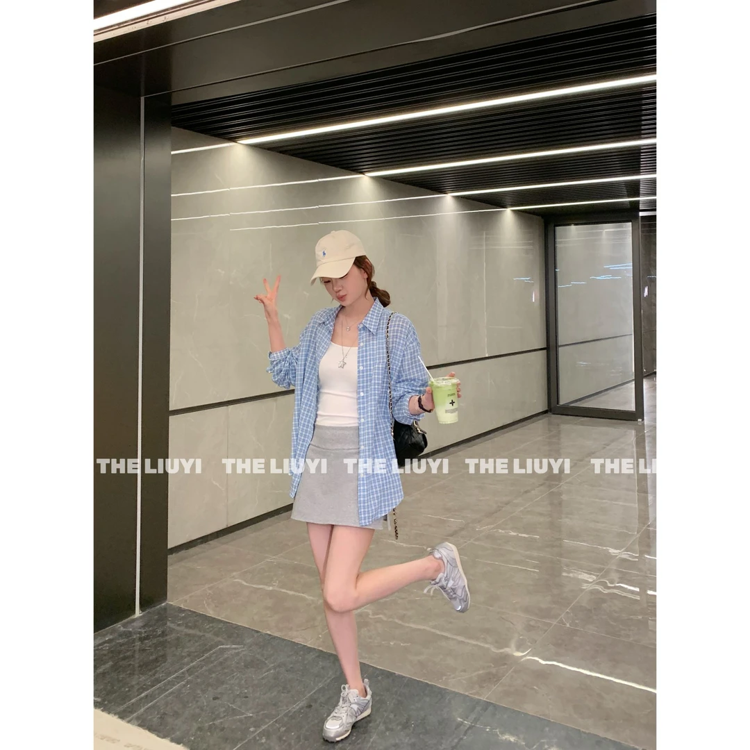 【LIUYI】冰蓝衬衫~夏季显白格子衬衫外套55021