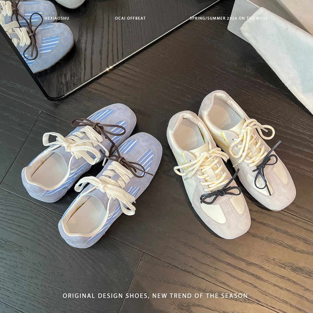 真皮复古平底鸳鸯系带内增高德训鞋女2025新款百搭运动休闲阿甘鞋