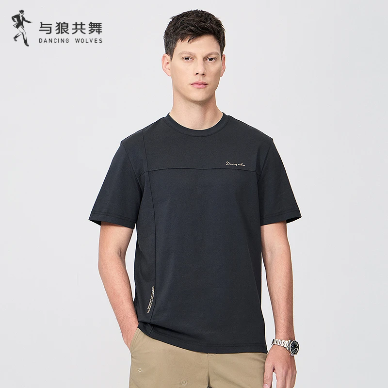 【纯棉】与狼共舞2025春夏经典圆领刺绣短袖男士休闲百搭100%短袖