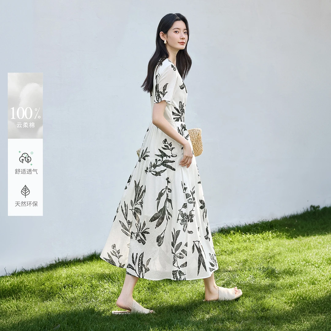IHIMI/海谧2025夏季新款女装简约气质时尚印花显瘦气质收腰连衣裙