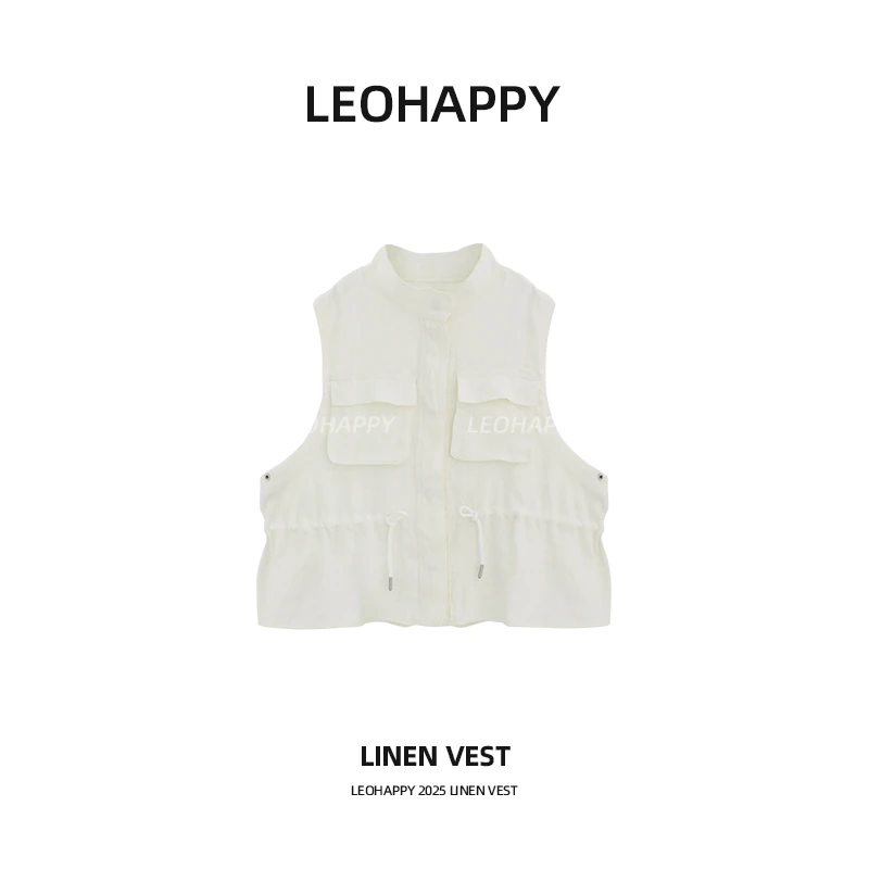 【奶酪工装】纯亚麻竹节双口袋腰收绳马甲外套