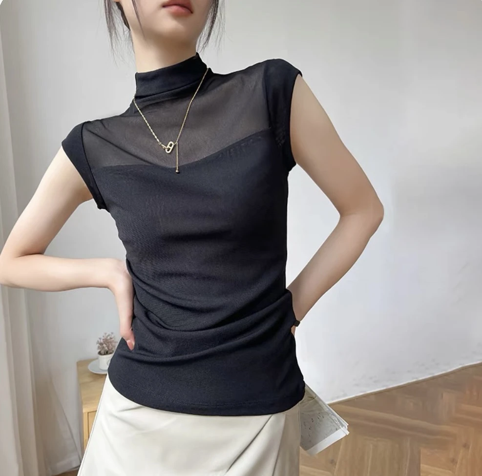 杏色网纱半高领正肩短袖t恤女2025新款夏季设计感修身甜辣妹上衣