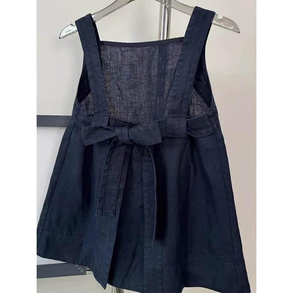 后背蝴蝶结系带亚麻露背吊带背心女夏季方领气质显瘦宽松无袖上衣