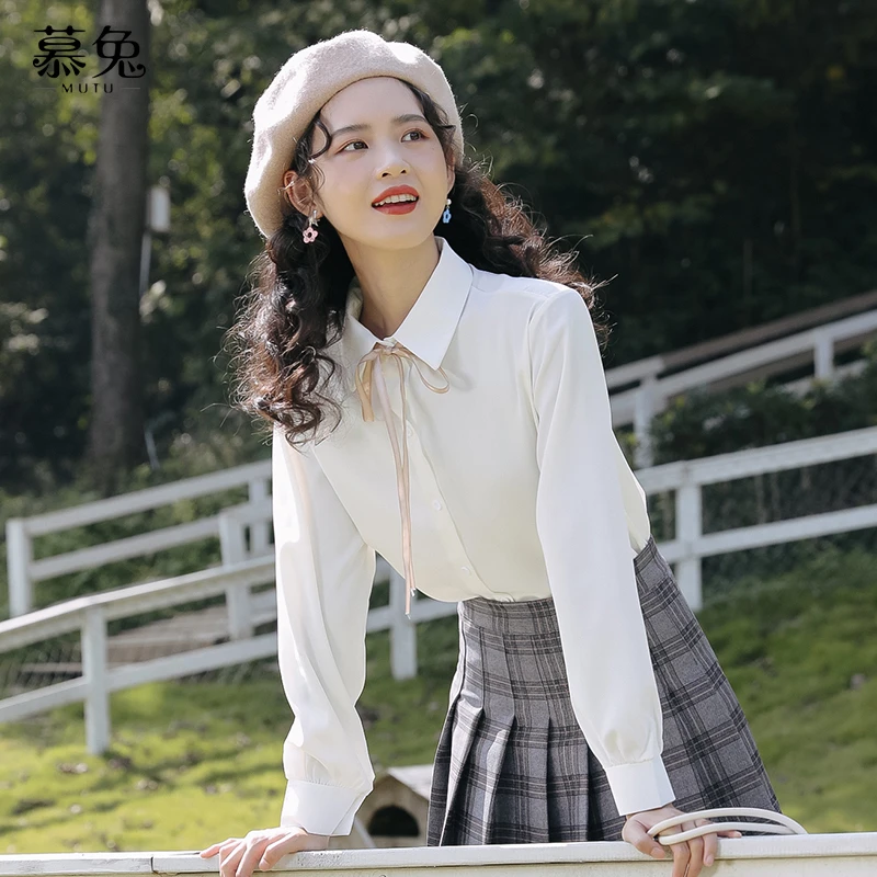 4067甜美蝴蝶结系带长袖衬衫女设计感小众别致白色上衣