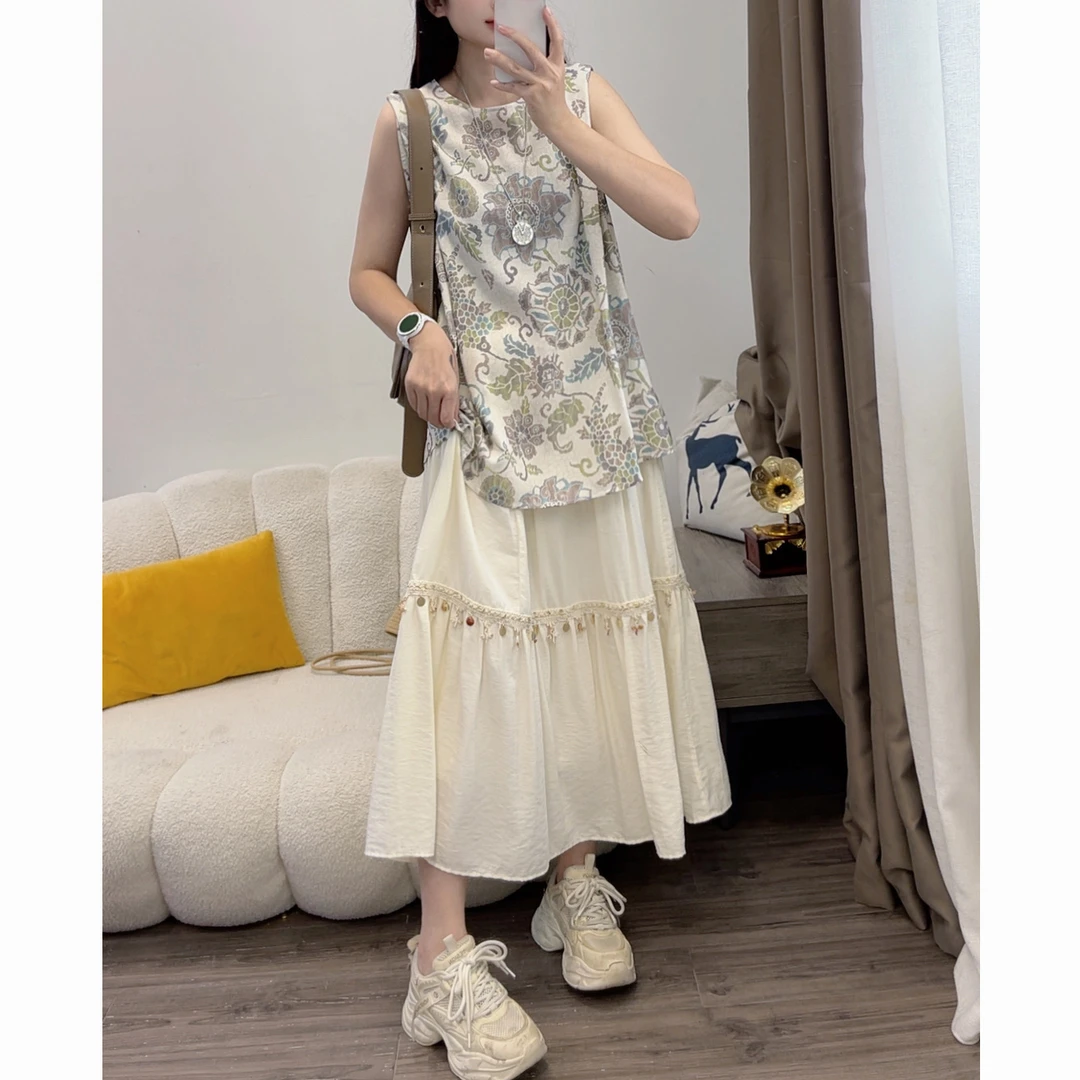 2025夏季新款气质印花无袖上衣+大摆半身裙套装两件套女DYY2931