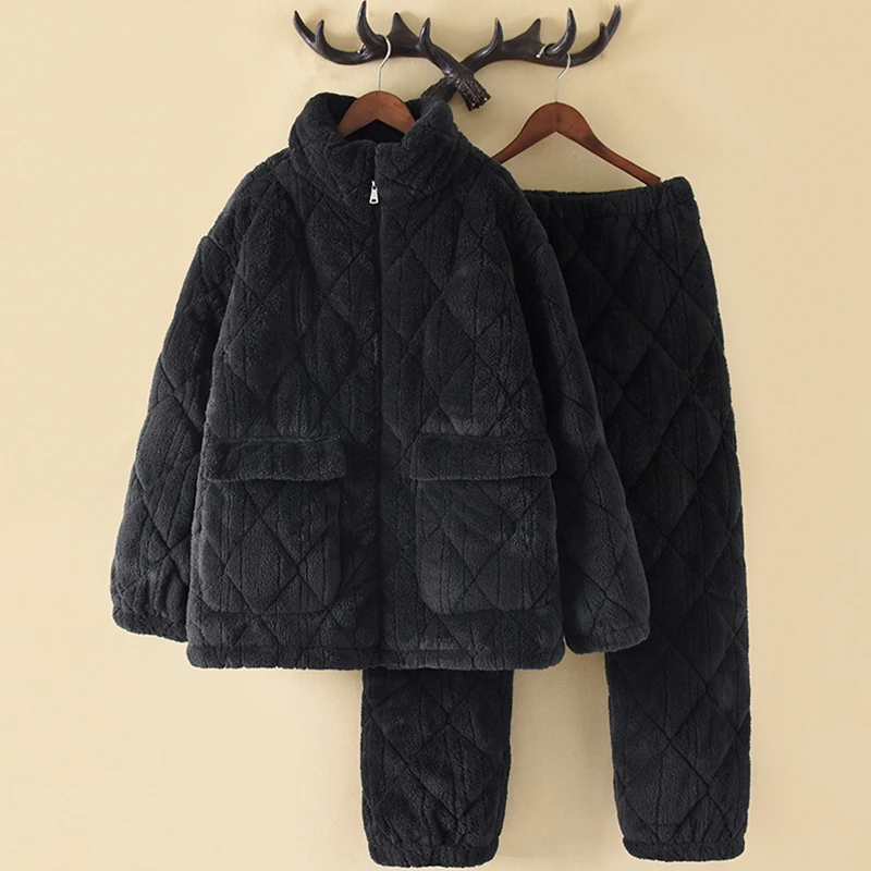 立领情侣睡衣女冬季三层套装珊瑚绒可外穿保暖男士家居服黑色加厚