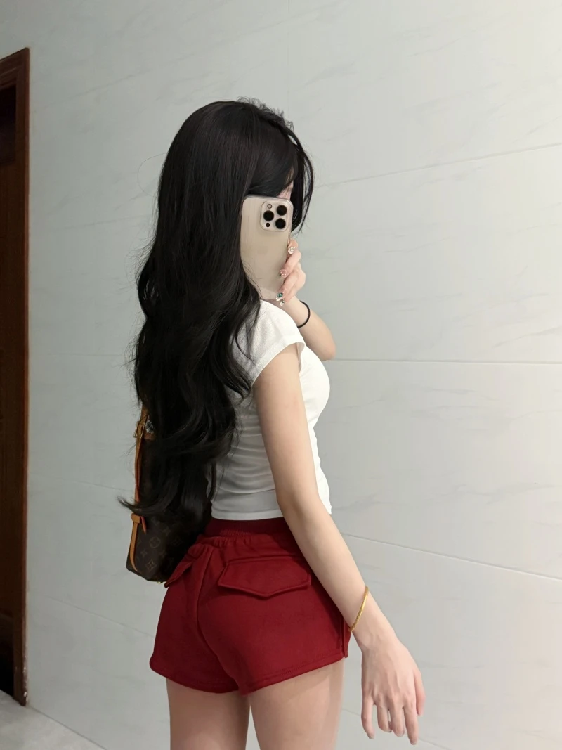 红色辣妹风休闲短裤女夏季2025高腰抽绳运动短裤薄款外穿修身裤子