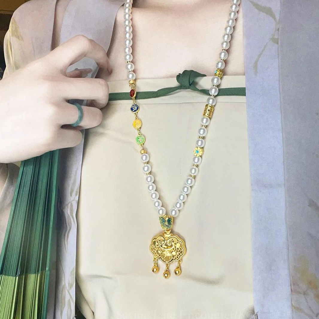 铜合金项链 旗袍铜合金珍珠国风手工圆牌古风女长款毛衣链新中式