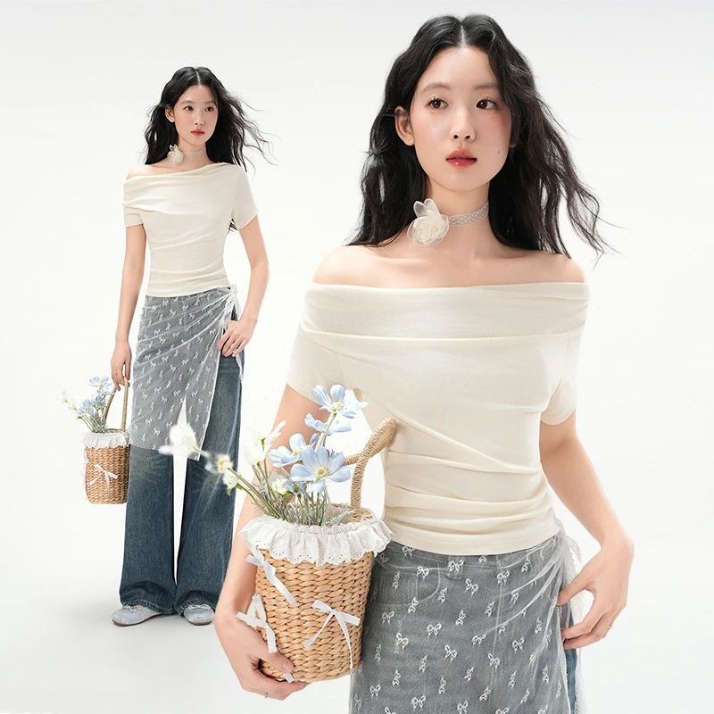 季优 韩系一字领露肩褶皱收腰短袖T恤女夏季绝美气质显瘦甜辣上衣