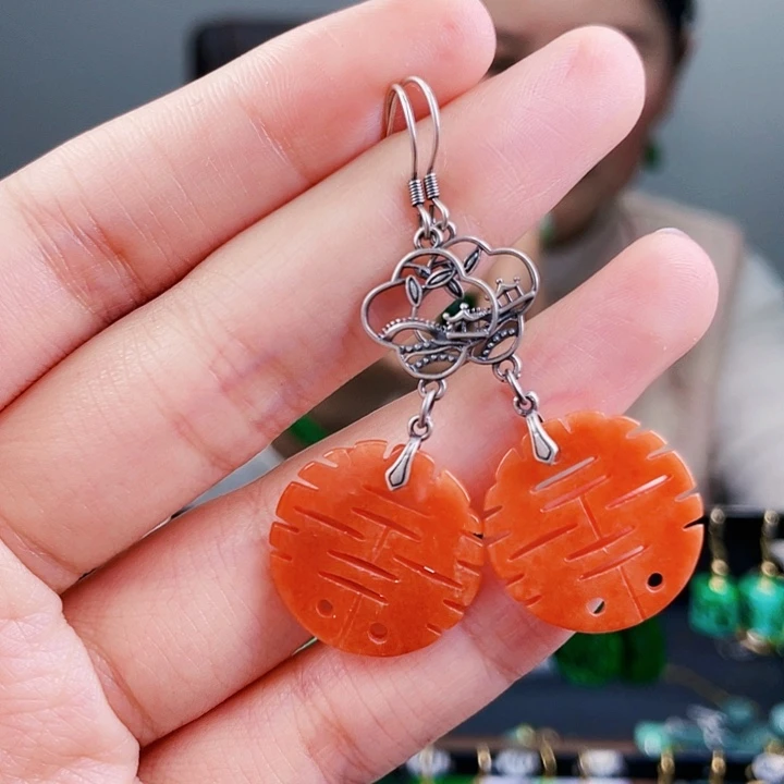 翡翠耳饰银S925镶嵌饰品