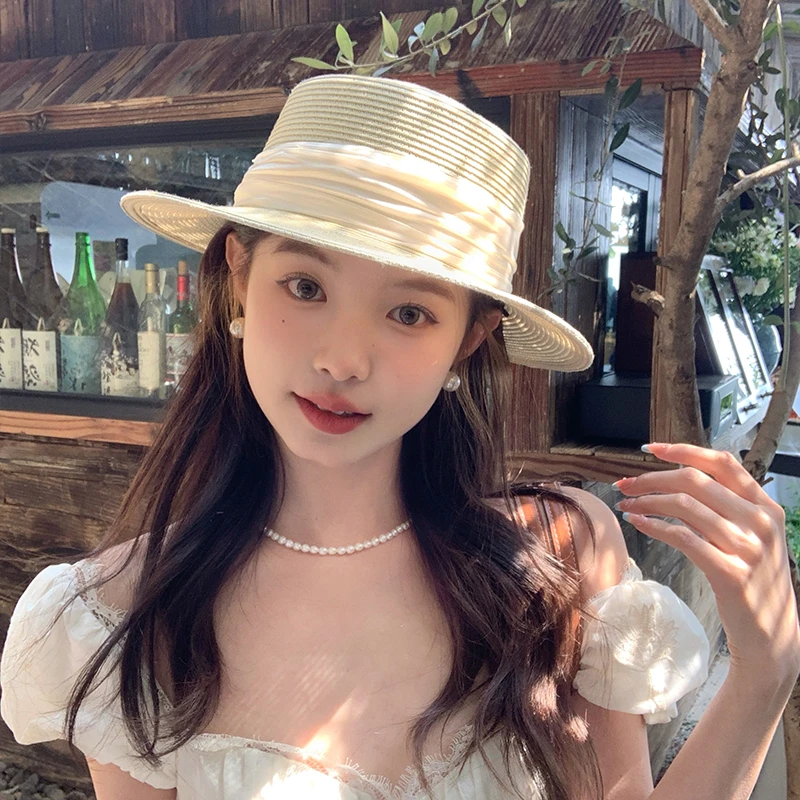 2025新款法式平沿草帽女夏季优雅平顶遮阳防晒帽子