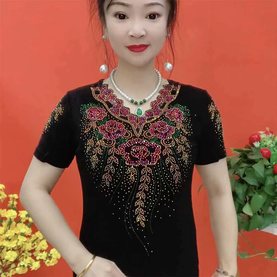 重工亮钻短袖背心小衫女花边V领遮肉显瘦打底衫百搭休闲春夏新款