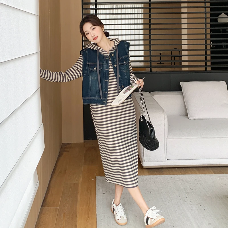牛仔马甲条纹卫衣裙女春秋2025新款韩版学院宽松休闲连衣裙两件套