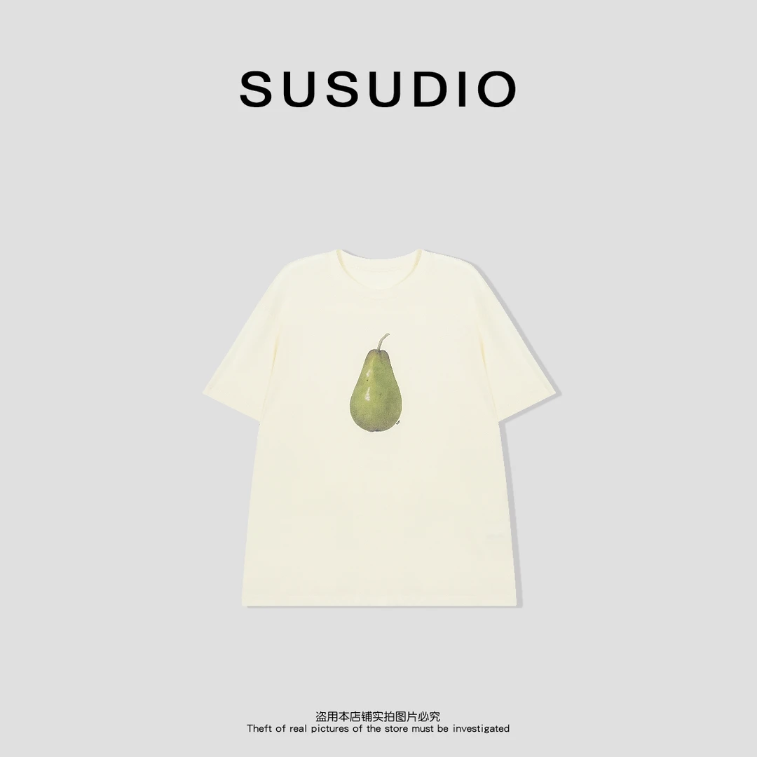 SUSUDIO 夏季梨子印花趣味宽松显瘦薄款亲肤面膜T恤10407