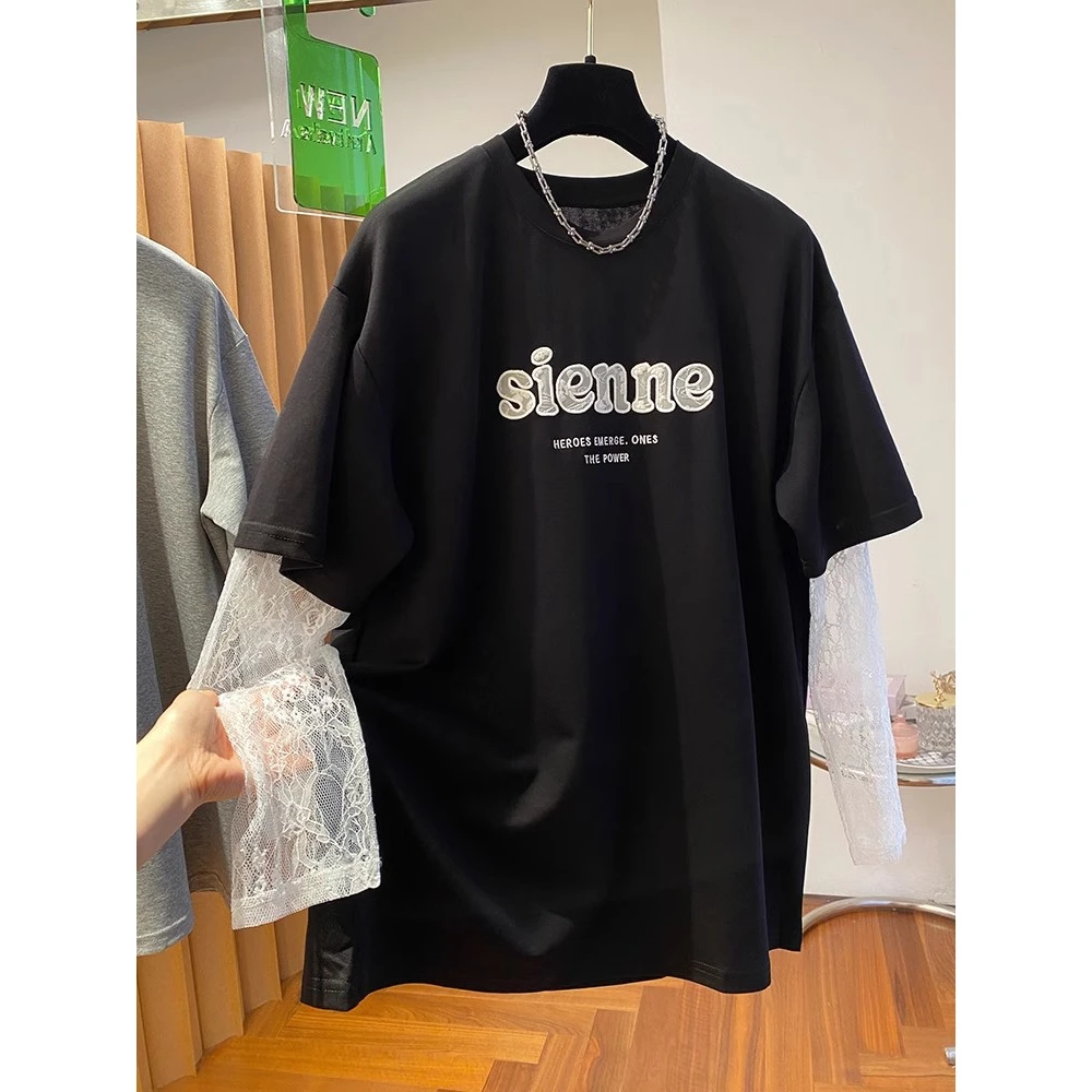 【胖妹妹】大码240斤高级感蕾丝袖拼接t恤女长袖洋气减龄打底衫上衣