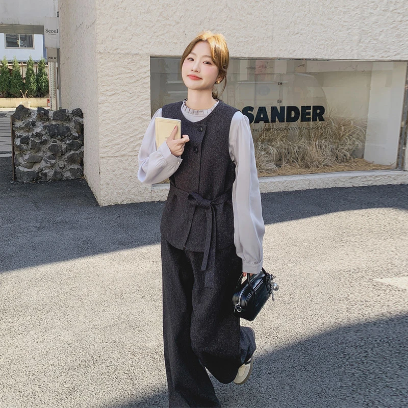 慵懒风通勤套装裤女2025春秋新款简约韩系马甲衬衫阔腿裤三件套潮