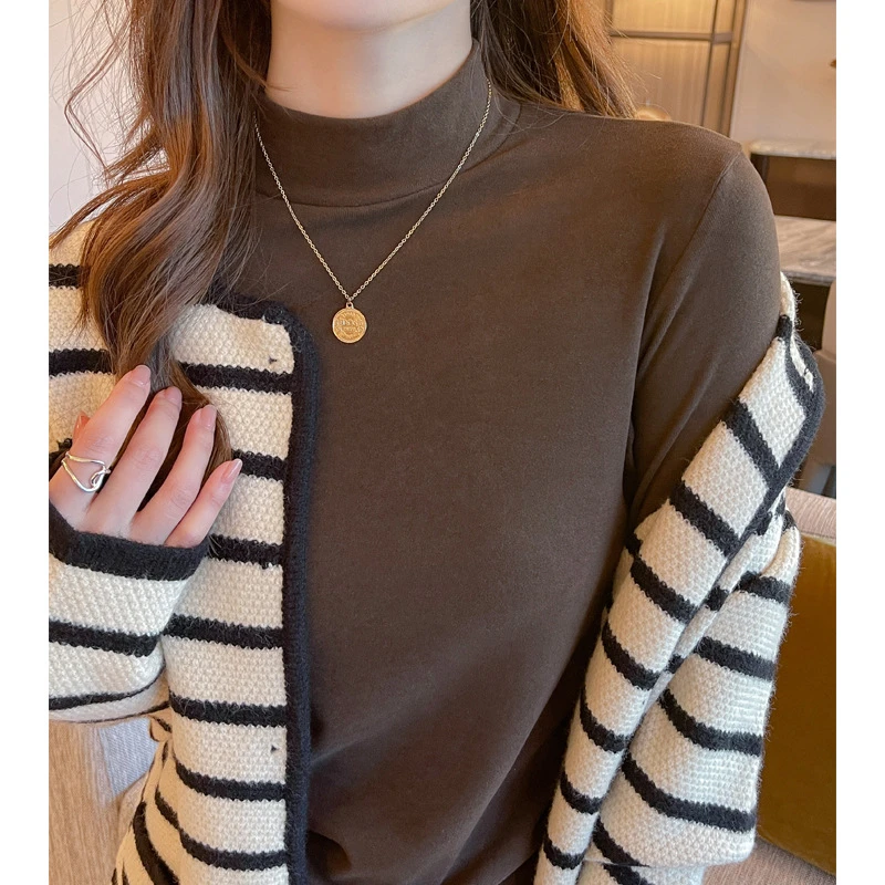 秋冬季半高领磨毛基础款长袖t恤女内搭打底衫修身显瘦中领t恤上衣