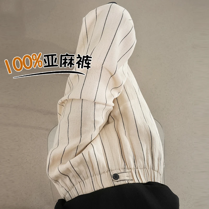 （4）亚麻直筒阔腿裤女夏2025新款高腰时尚竖条纹休闲裤宽松慵懒裤
